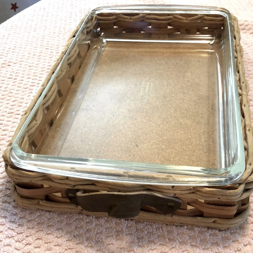 Vintage Pyrex Corning Glass 233 Leather Handle Rectangular Wicker Weave Basket